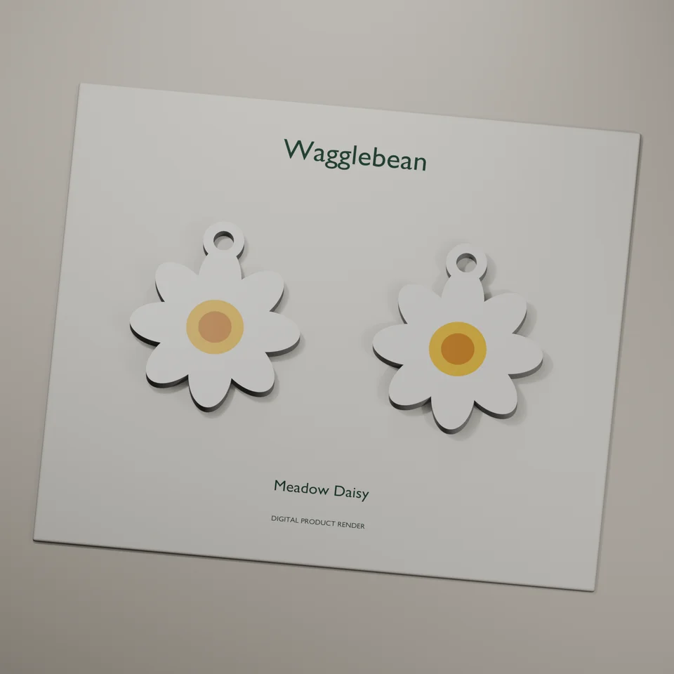 Meadow Daisy mirrored earring fronts, realistic digital render of the printable geometry