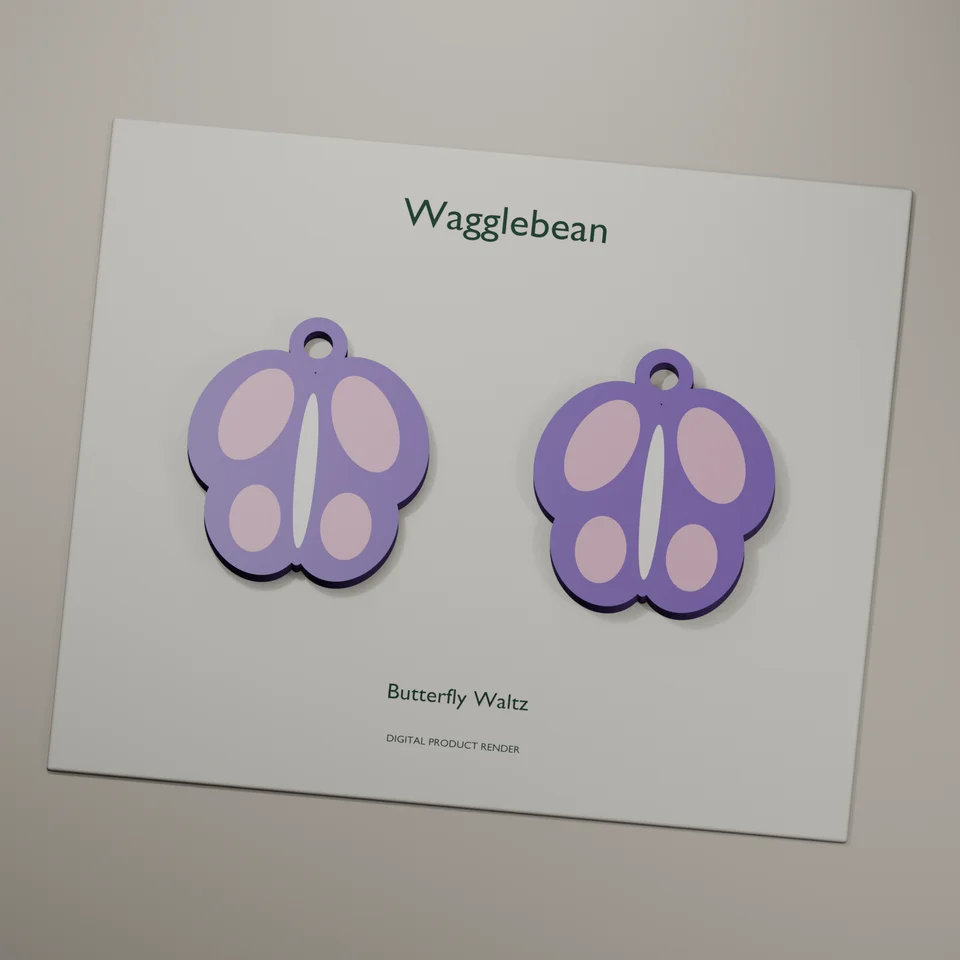 Butterfly Waltz mirrored earring fronts, realistic digital render of the printable geometry
