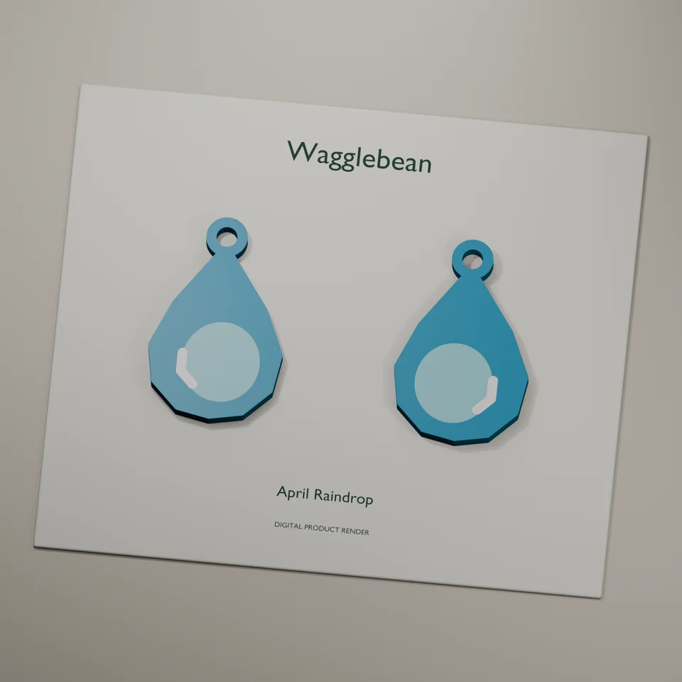 April Raindrop mirrored earring fronts, realistic digital render of the printable geometry