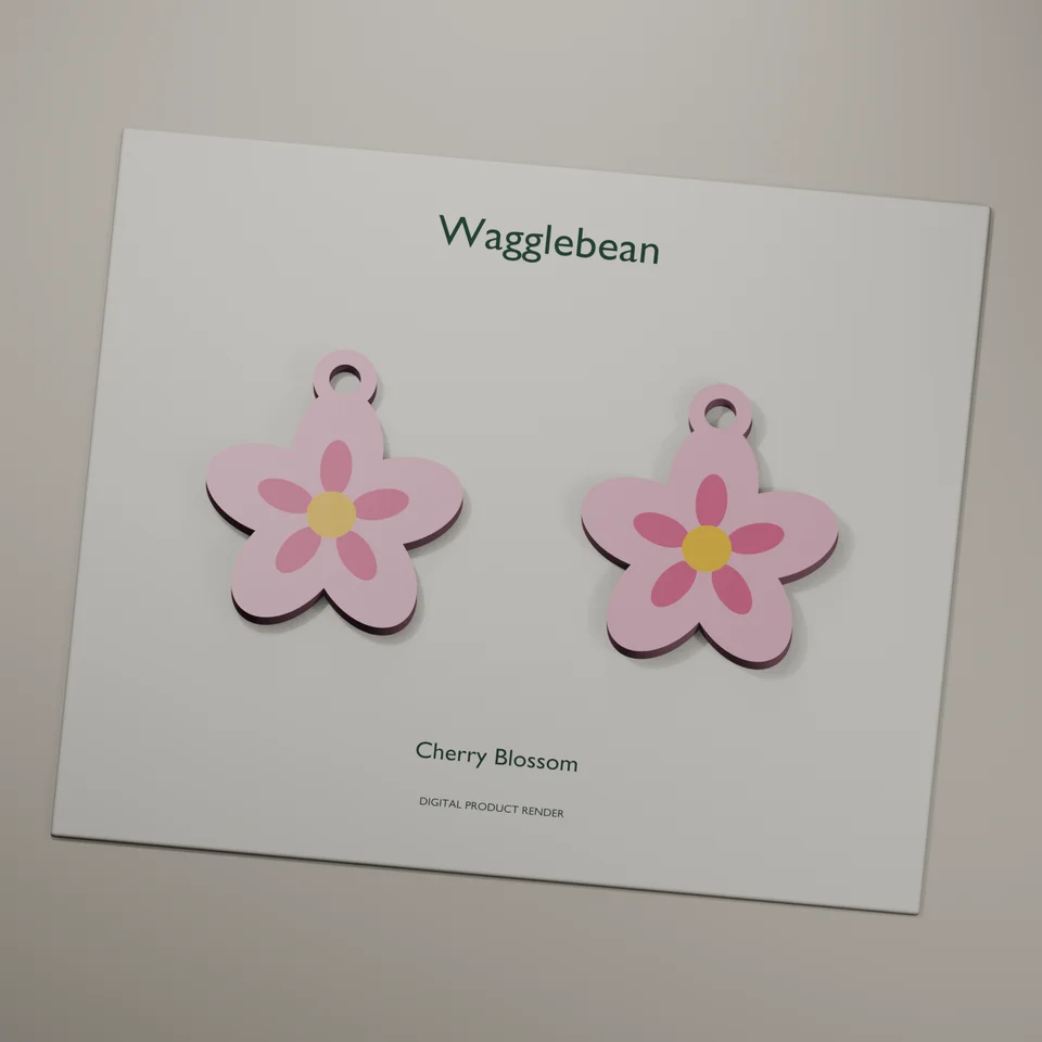Cherry Blossom mirrored earring fronts, realistic digital render of the printable geometry