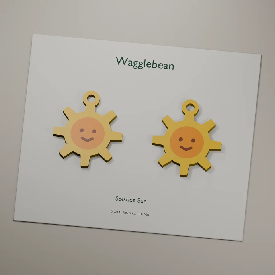 Solstice Sun mirrored earring fronts, realistic digital render of the printable geometry