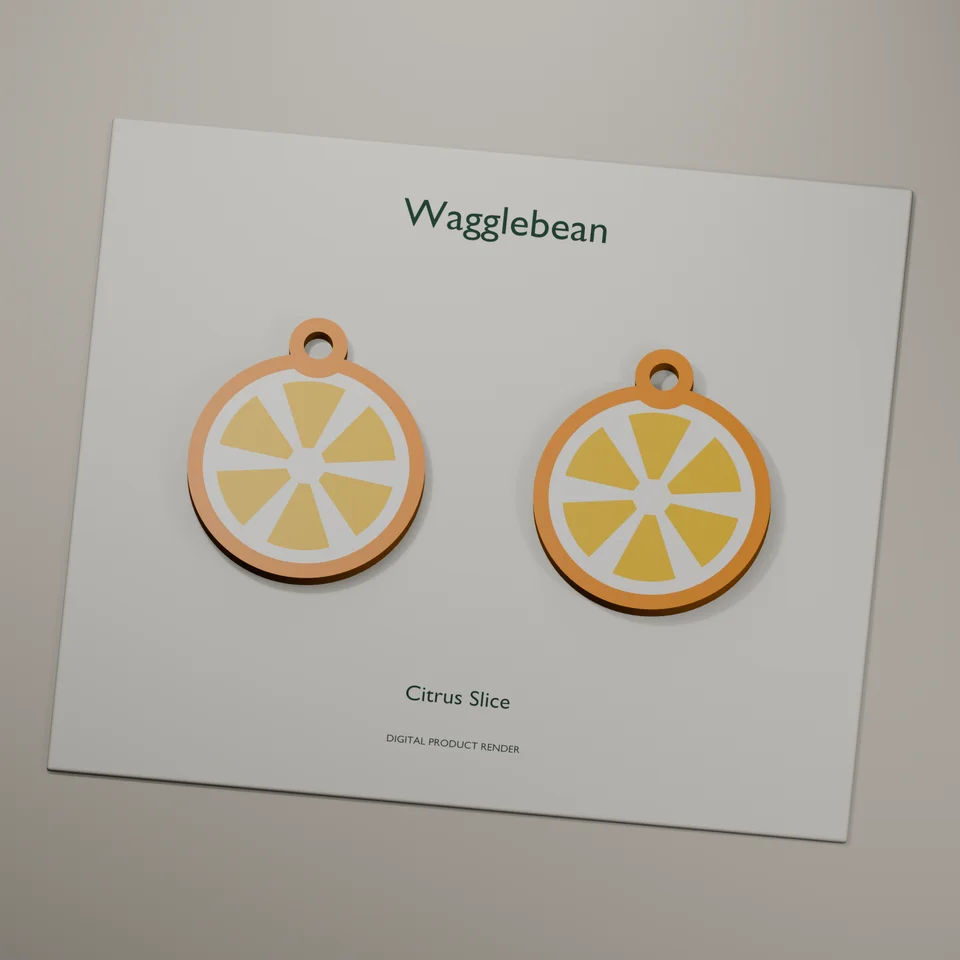 Citrus Slice mirrored earring fronts, realistic digital render of the printable geometry