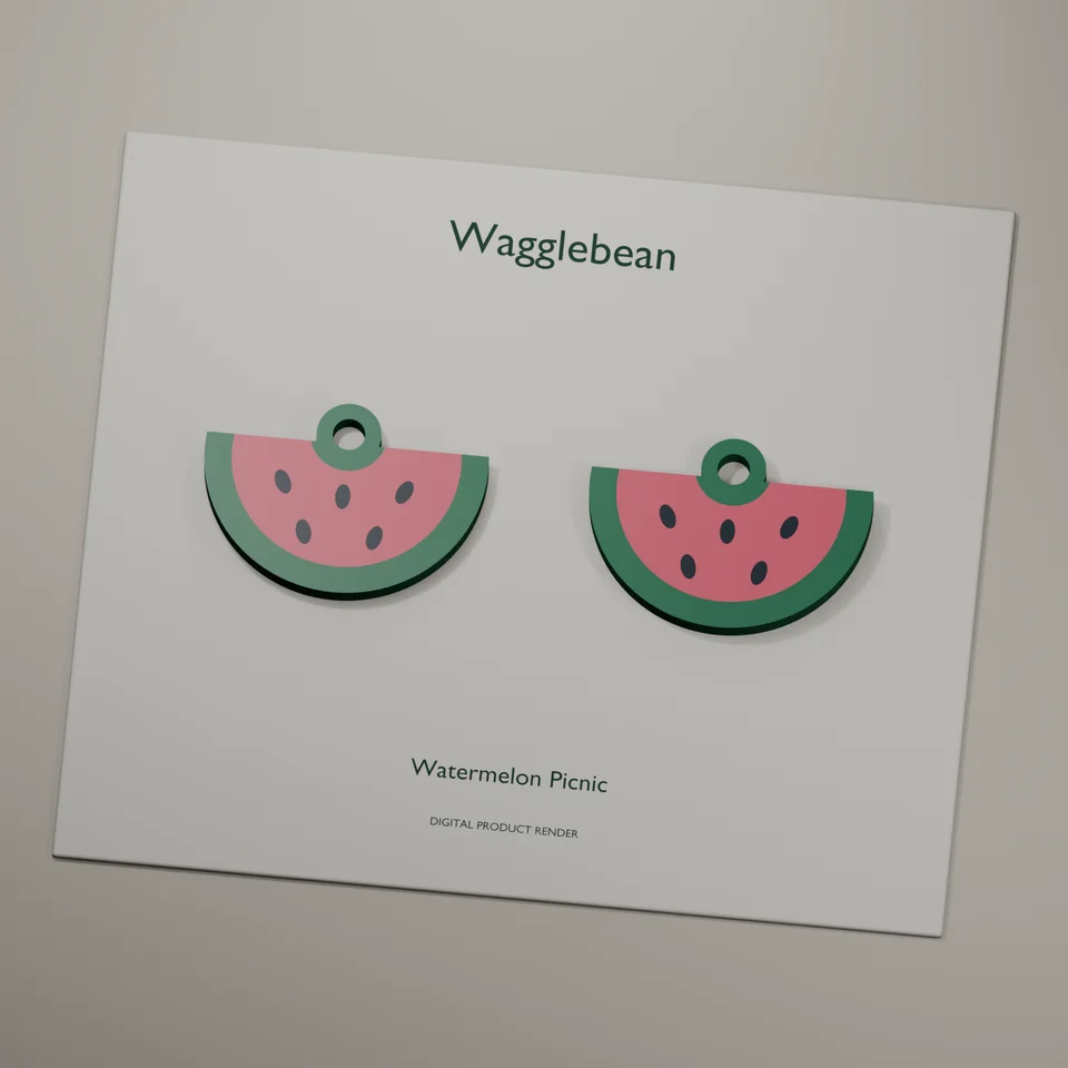 Watermelon Picnic mirrored earring fronts, realistic digital render of the printable geometry