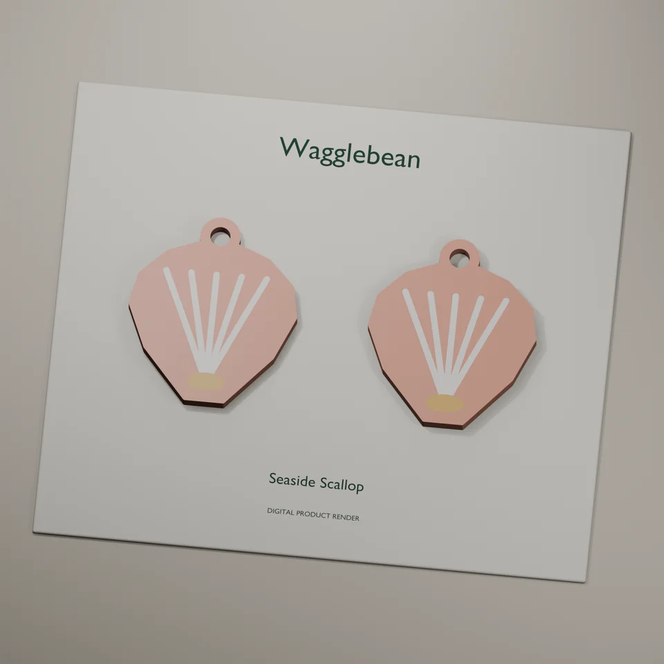 Seaside Scallop mirrored earring fronts, realistic digital render of the printable geometry