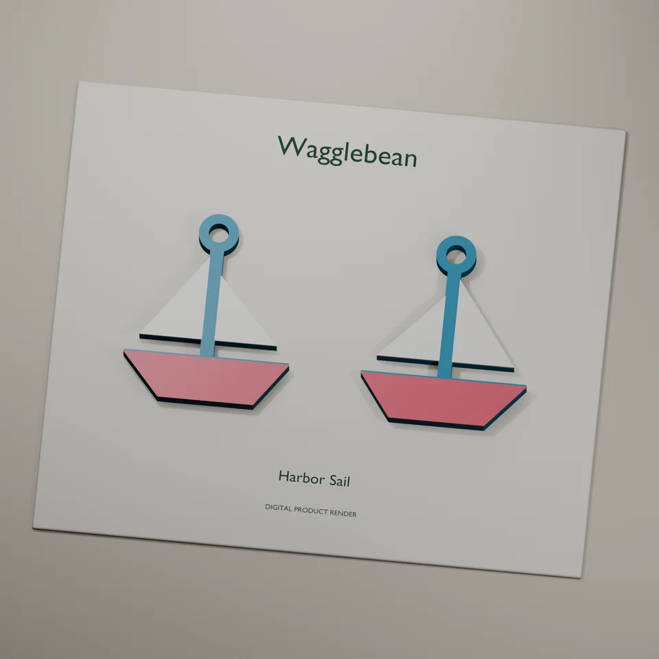 Harbor Sail mirrored earring fronts, realistic digital render of the printable geometry