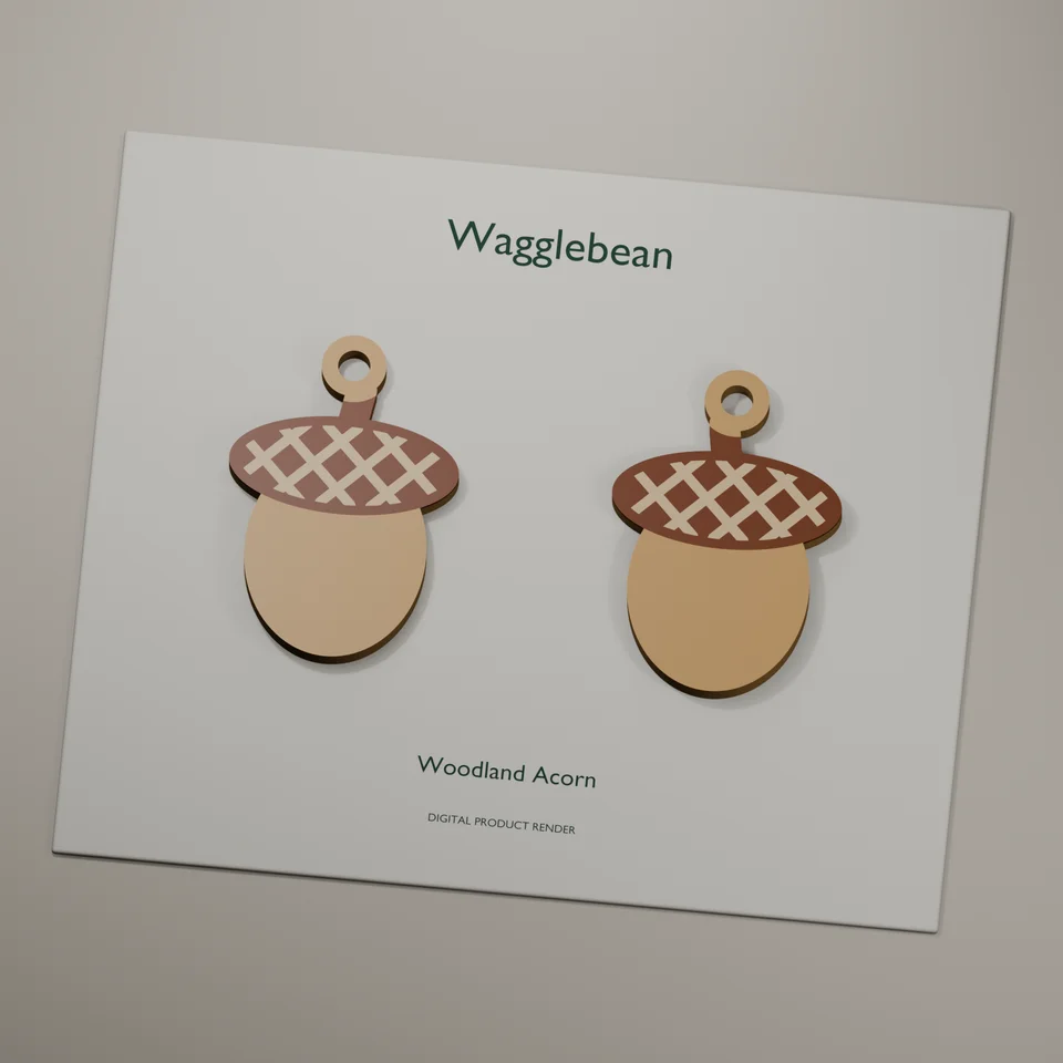 Woodland Acorn mirrored earring fronts, realistic digital render of the printable geometry