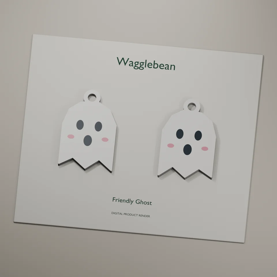 Friendly Ghost mirrored earring fronts, realistic digital render of the printable geometry