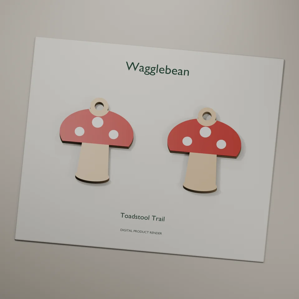 Toadstool Trail mirrored earring fronts, realistic digital render of the printable geometry