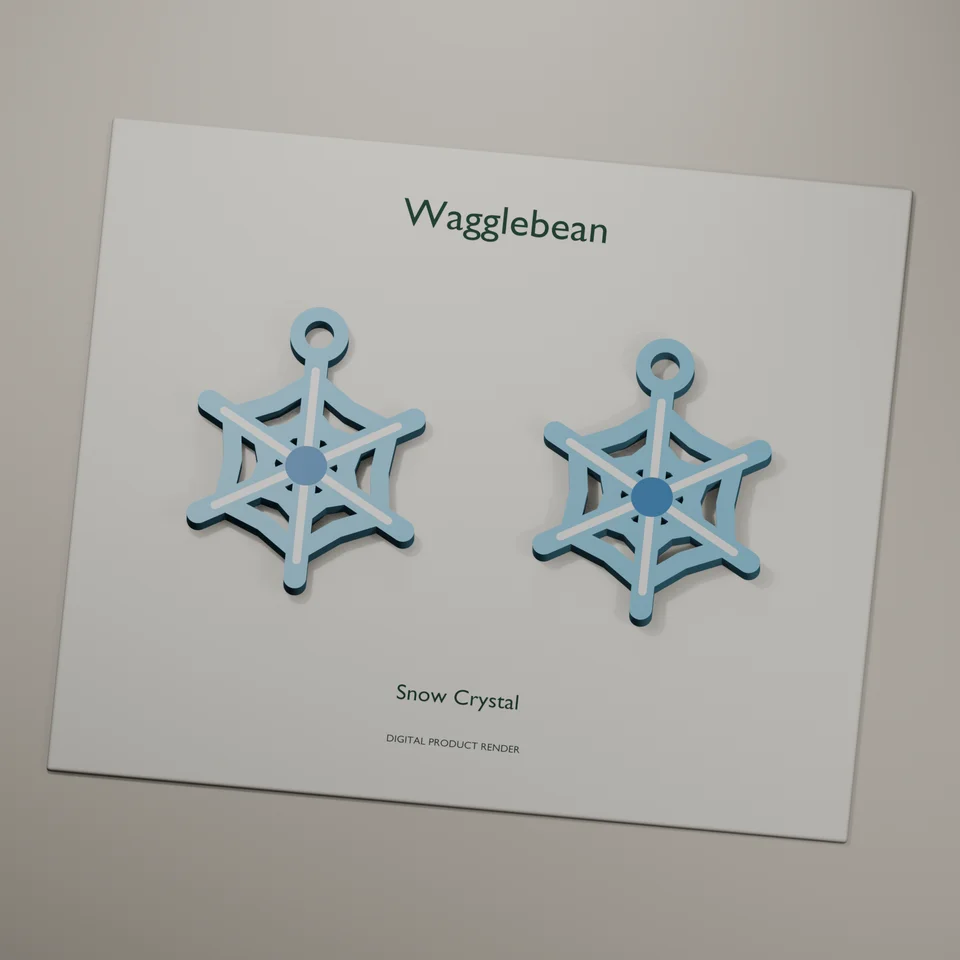 Snow Crystal mirrored earring fronts, realistic digital render of the printable geometry