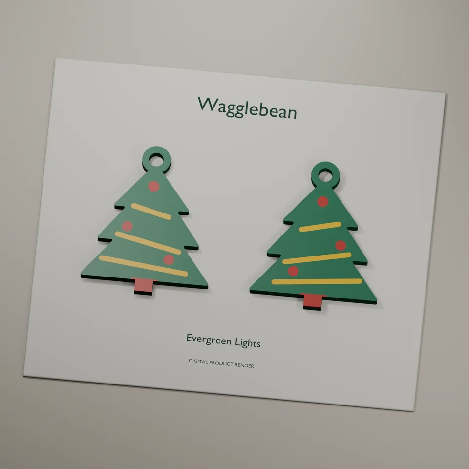 Evergreen Lights mirrored earring fronts, realistic digital render of the printable geometry
