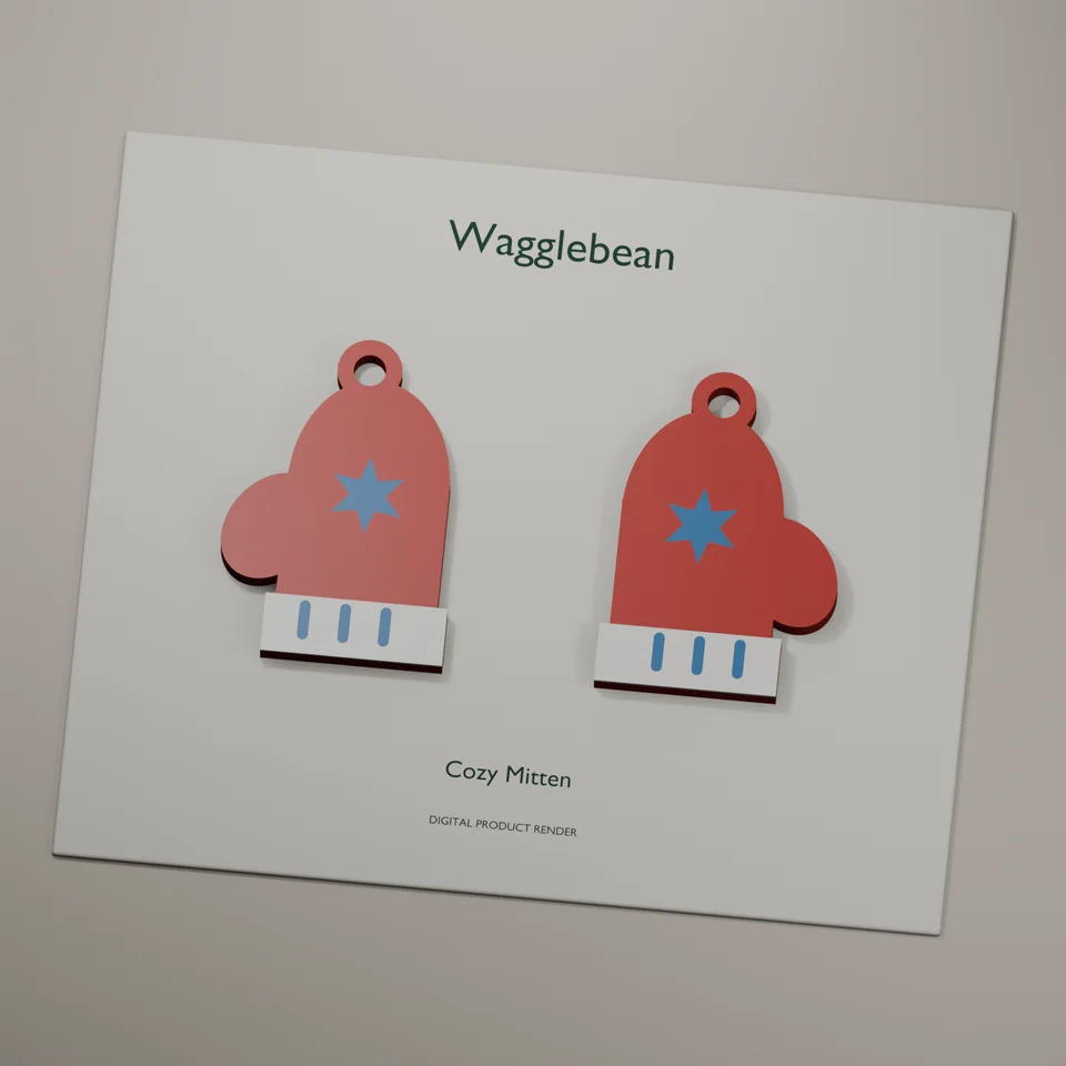 Cozy Mitten mirrored earring fronts, realistic digital render of the printable geometry