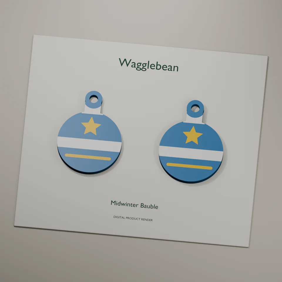 Midwinter Bauble mirrored earring fronts, realistic digital render of the printable geometry