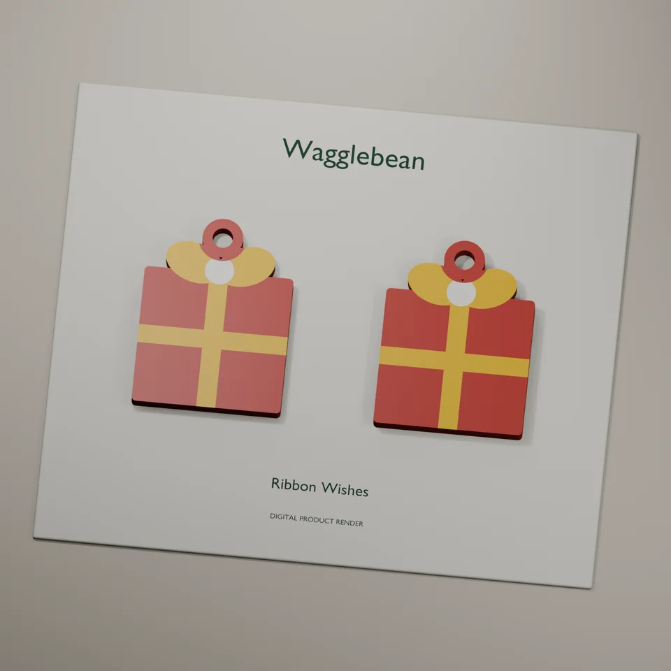 Ribbon Wishes mirrored earring fronts, realistic digital render of the printable geometry