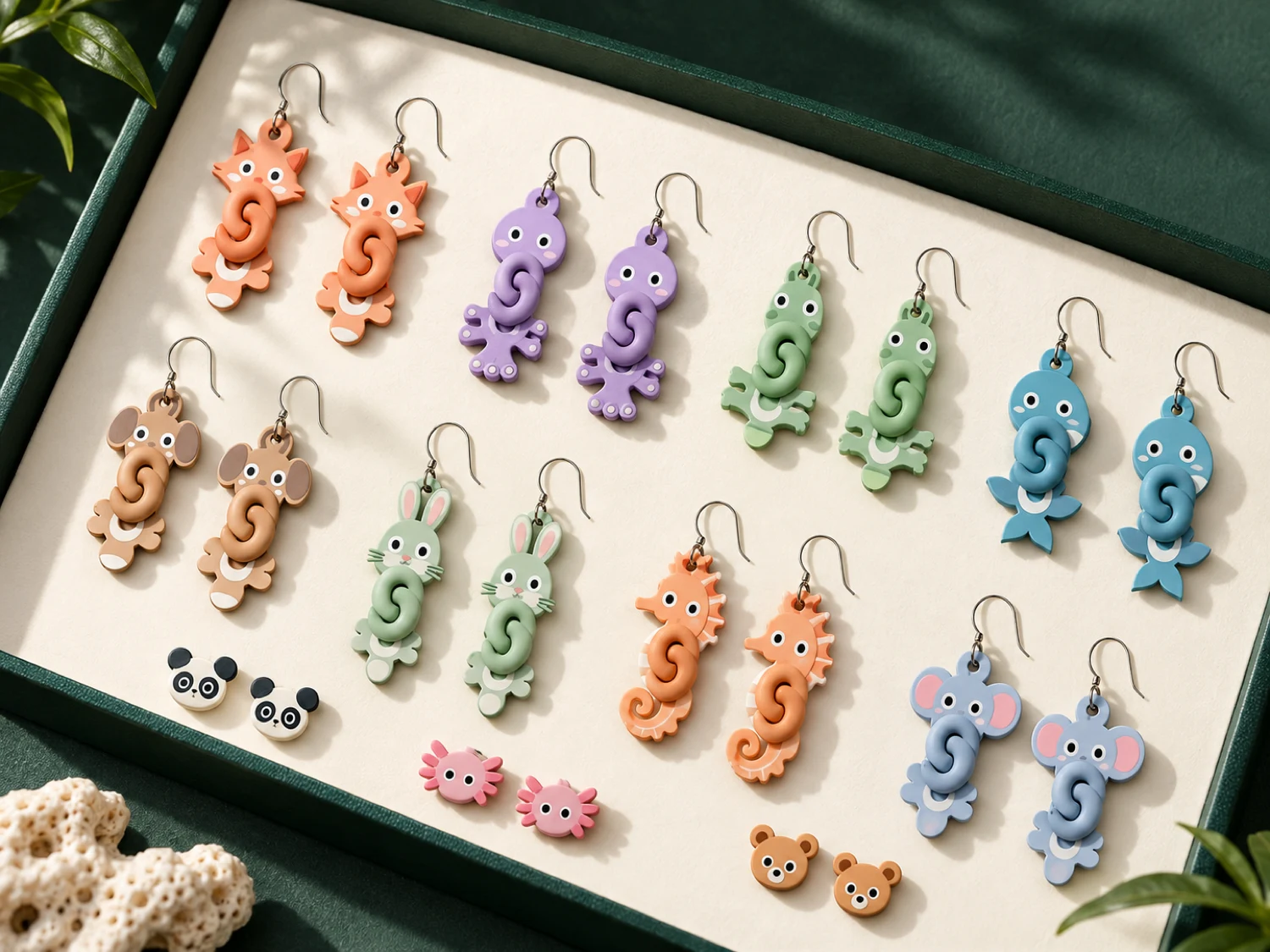 Six Pocket Pals articulated animal charms arranged on a dark green tabletop