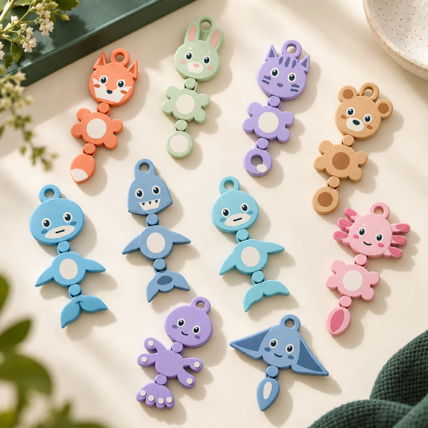 Colorful Wild + Tide articulated animal keychains arranged on a tabletop