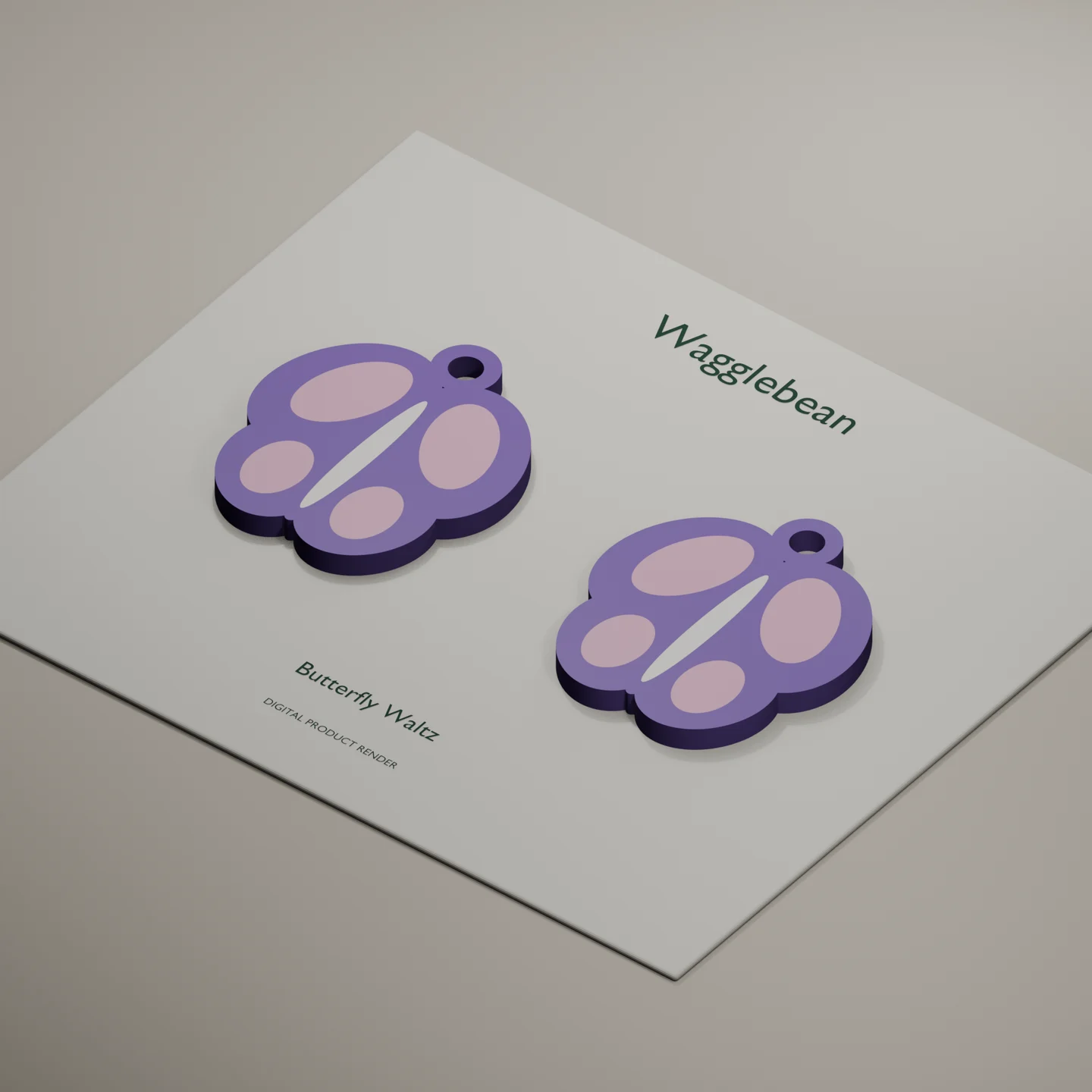 Angled digital render showing Butterfly Waltz earring front thickness and color inlays