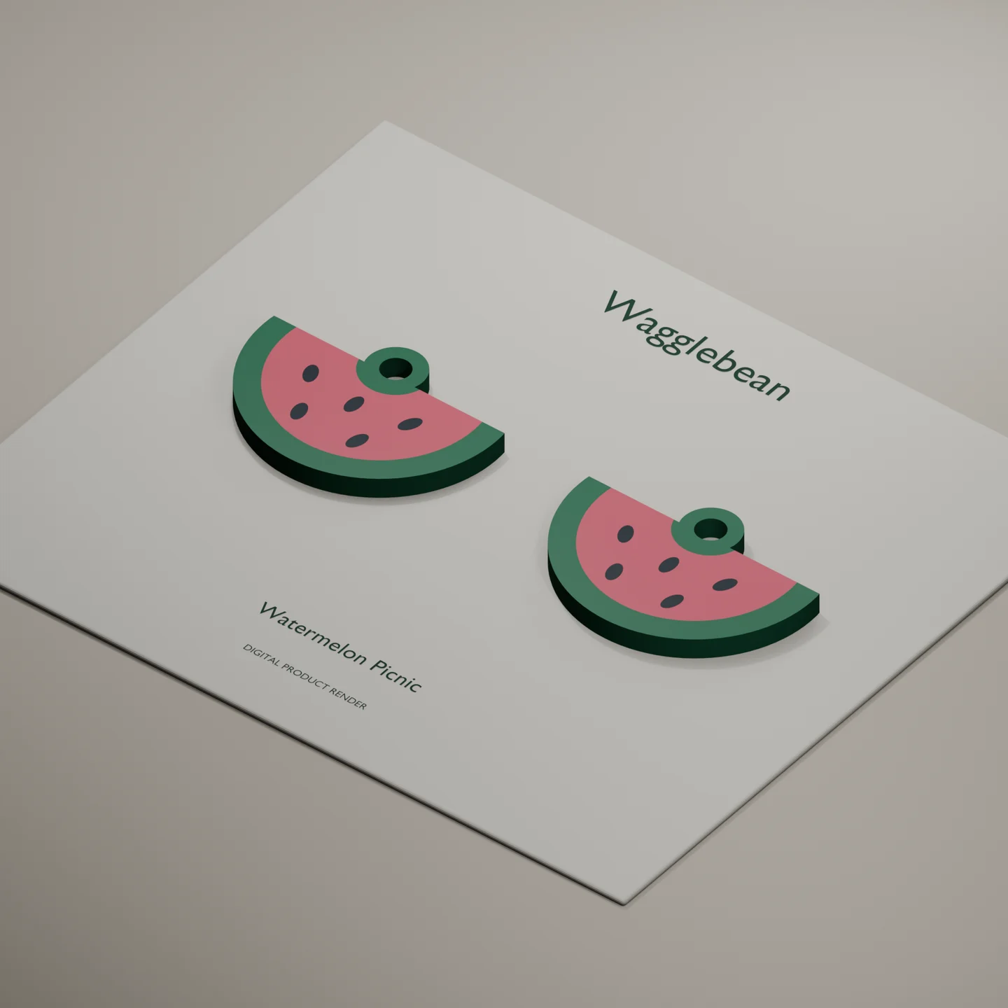Angled digital render showing Watermelon Picnic earring front thickness and color inlays