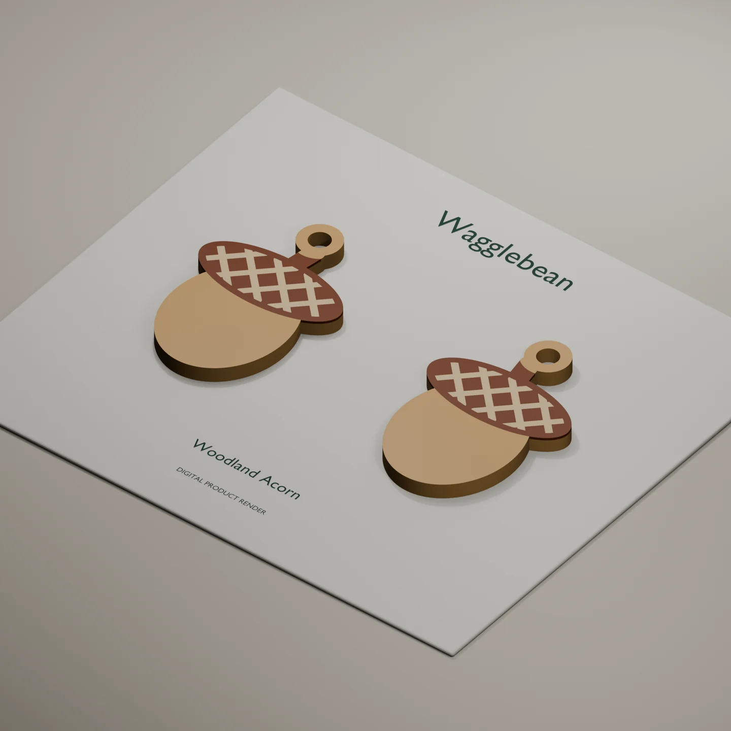 Angled digital render showing Woodland Acorn earring front thickness and color inlays