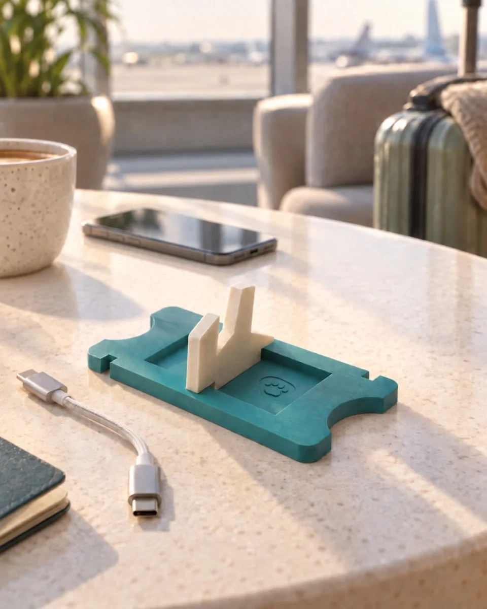 Teal GateDock cable organiser with a sand stand blade on an airport lounge table; AI prototype mockup.