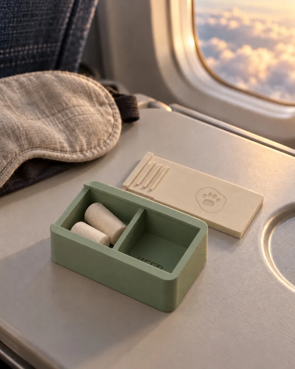 Sage QuietPod earplug case with two compartments and a sand sliding lid beside a sleep mask; AI prototype mockup.