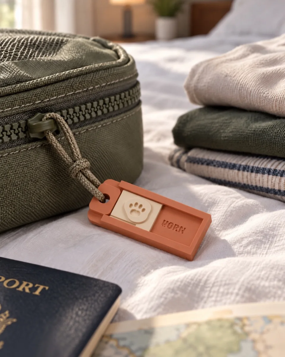 Terracotta ZipSignal with raised Wagglebean slider attached to a packing cube, showing WORN; AI prototype mockup.